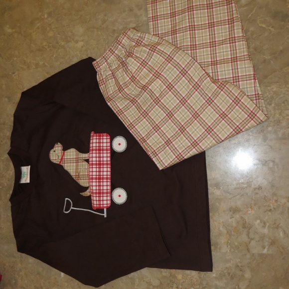 Shrimp and Grits boys brown plaid dog in a wagon size 6 nwt